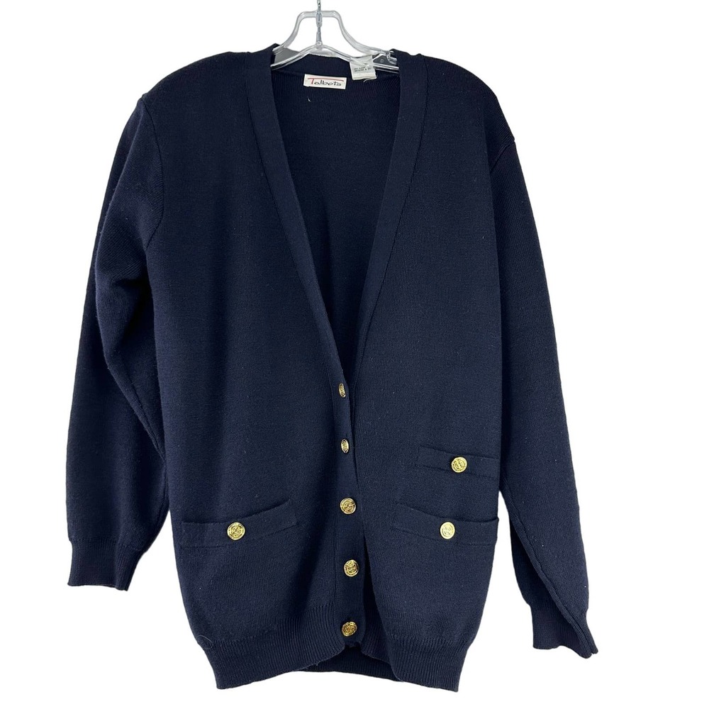 Talbots Merino Wool Cardigan Sweater Size M Navy Gold Buttons Long Sleeve FLAW‎